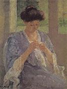 Mary Cassatt lady is sewing in front of the window painting